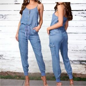 Brand New Smoke & Mirrors Blue Denim Jumpsuit Tencel Tie Cinched Waist Button Up